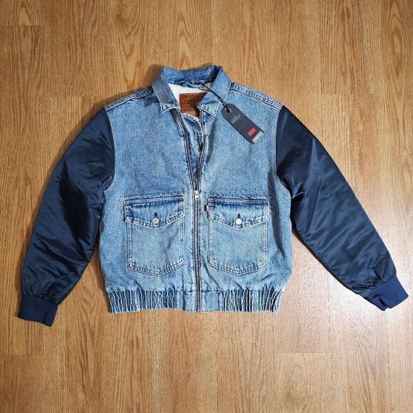 Levi's Premium Sherpa Bomber Jacket Small S Medium Wash Navy Satin 90s Vintage - Picture 16 of 16